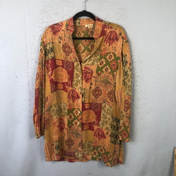 Tianello Shirt Womens Small Patchwork Floral Rayon Boho Made USA Button Front - Picture 1 of 16